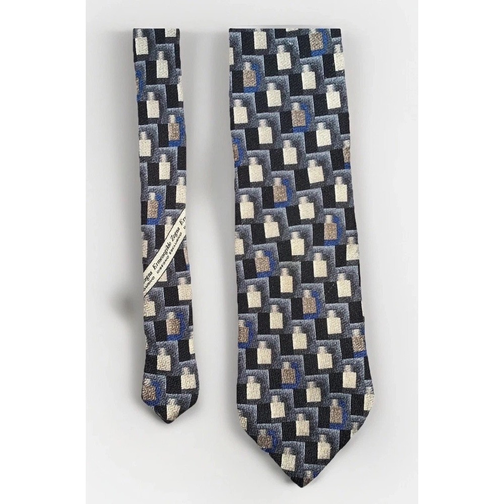 Ermenegildo Zegna Tie Necktie 100% Silk Geometric Print Blue Silver Italy Made